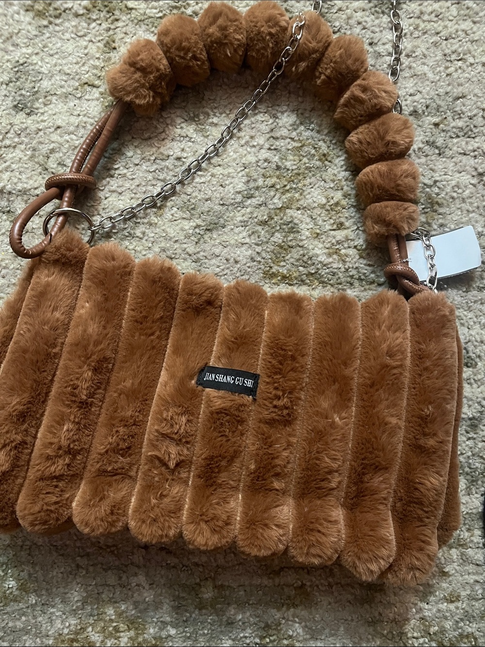 Plush Ribbed Shoulder Bag - Brown